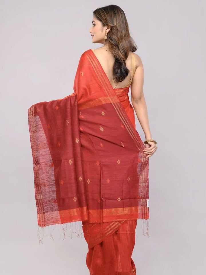 Red Jamdani  Matka Silk Saree with Maroon Pallu