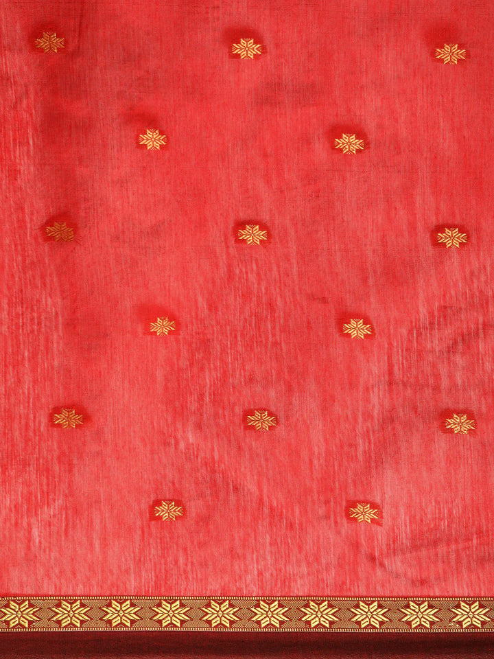 Red Zari Buti Silk Cotton Saree with blouse piece