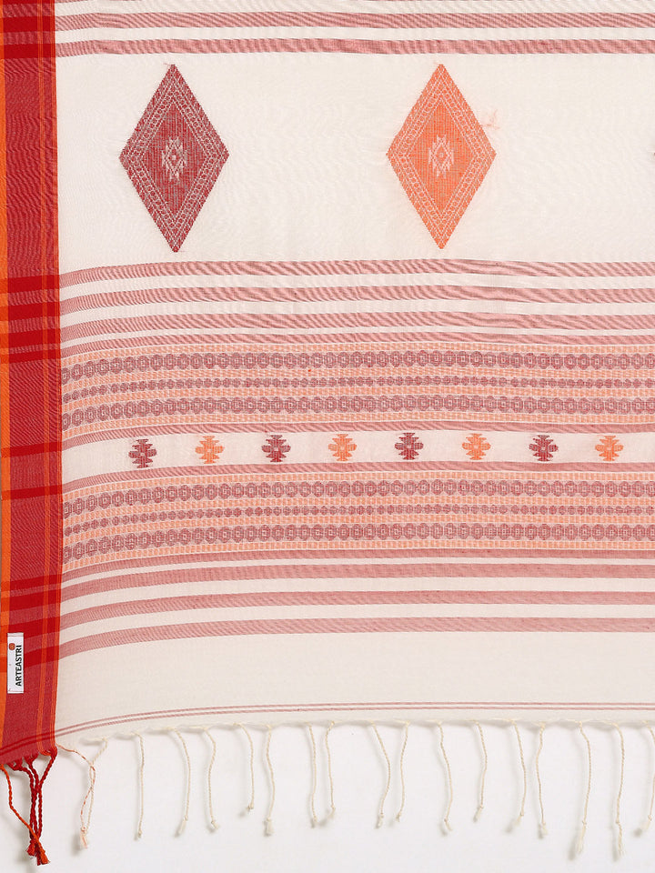 Off White Handwoven Jacquard Weave Pure Cotton saree with Resham Butta and Contrast Minimal Border