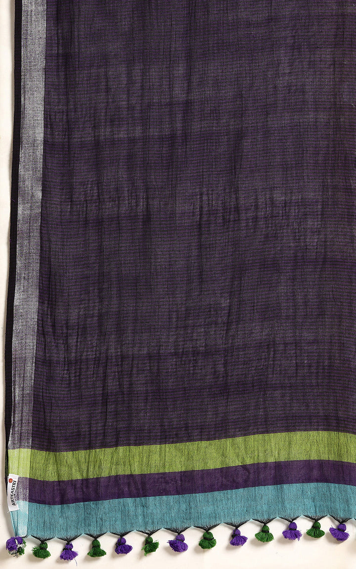 Parrot Green & Blue Colour block Cotton Saree with pompoms