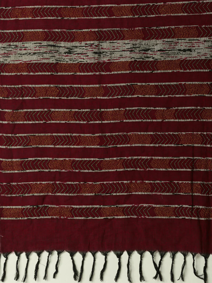 Maroon Yellow Khesh Kantha Stitch Cotton Saree