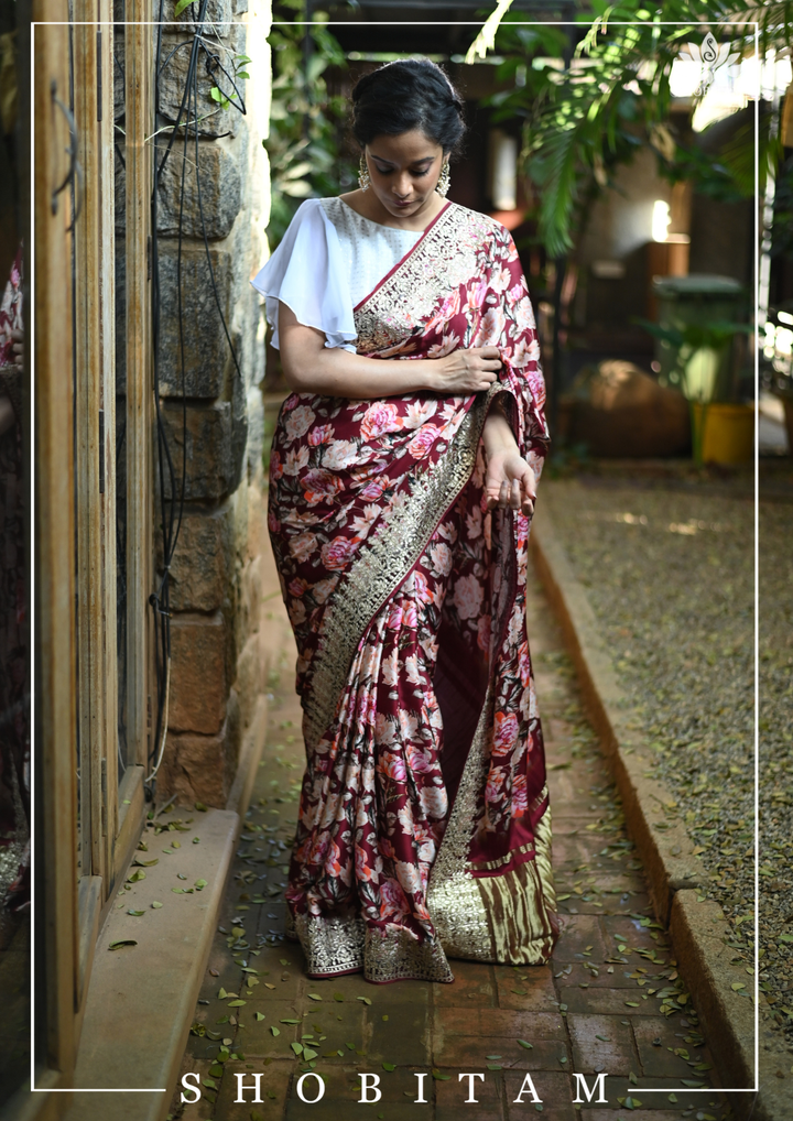 Gajji Silk Saree with Floral Print and Crushed Zari Border in Maroon | Sarees By Shobitam