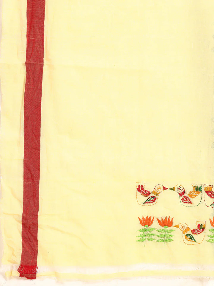 ArtEastri Yellow Red Kantha Stitch Handloom Cotton Saree with Blouse Piece