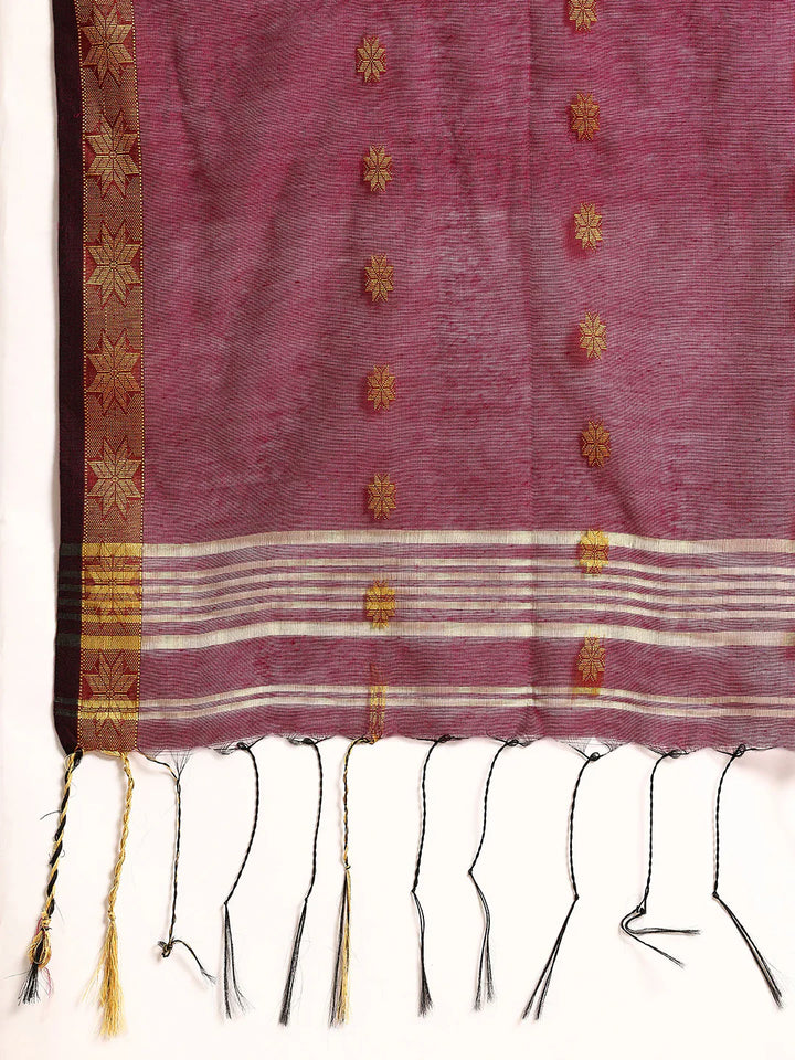 Pista Green & Magenta Zari Buti Silk Cotton Saree with blouse piece