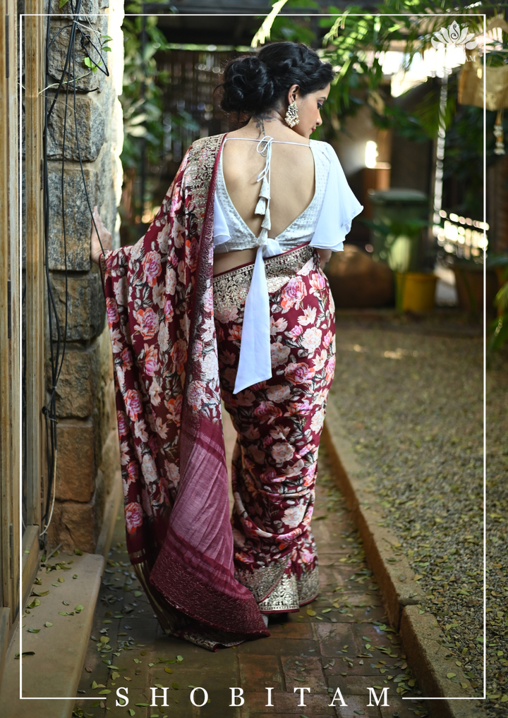 Gajji Silk Saree with Floral Print and Crushed Zari Border in Maroon | Sarees By Shobitam