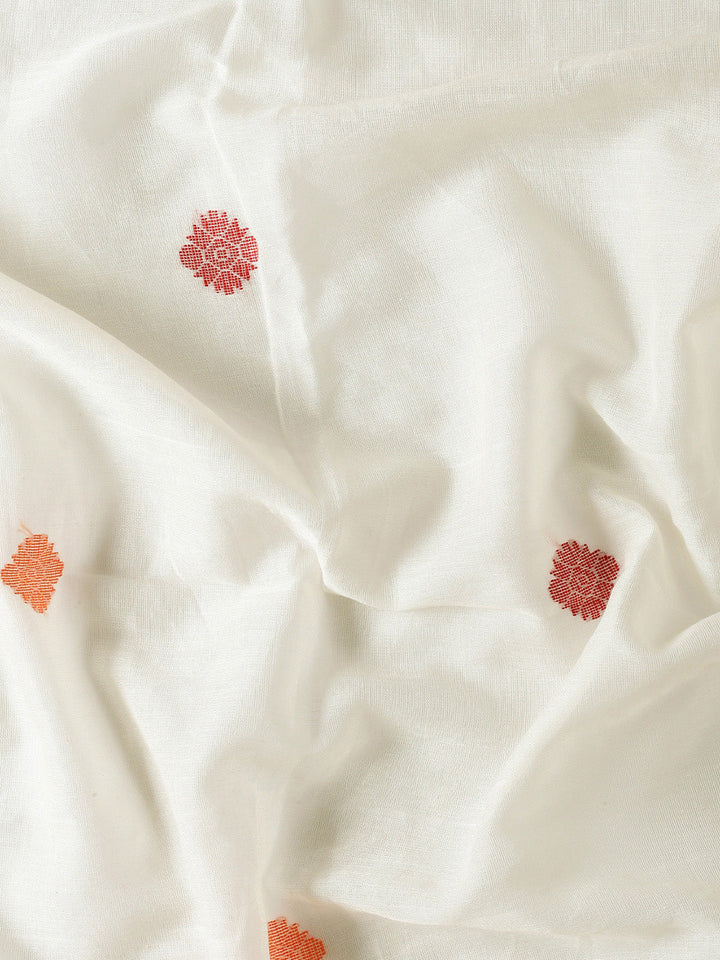 Off White Handwoven Jacquard Weave Pure Cotton saree with Resham Butta and Contrast Minimal Border