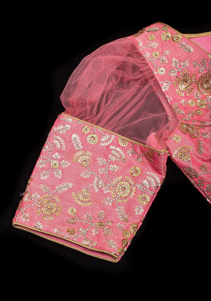 Carnation Pink sequin embroidery blouse with sheer puff sleeve