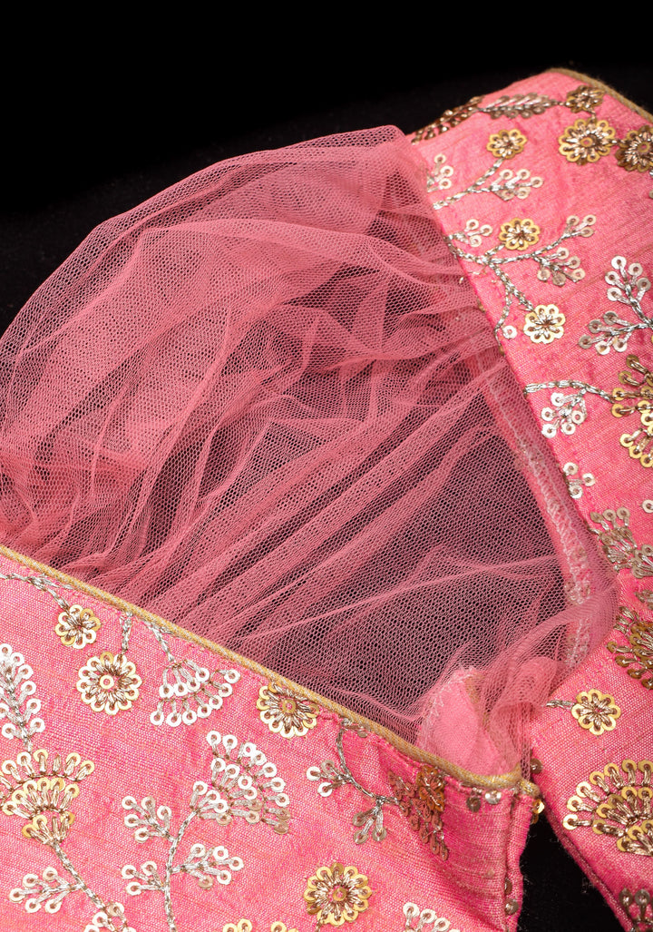 Carnation Pink sequin embroidery blouse with sheer puff sleeve