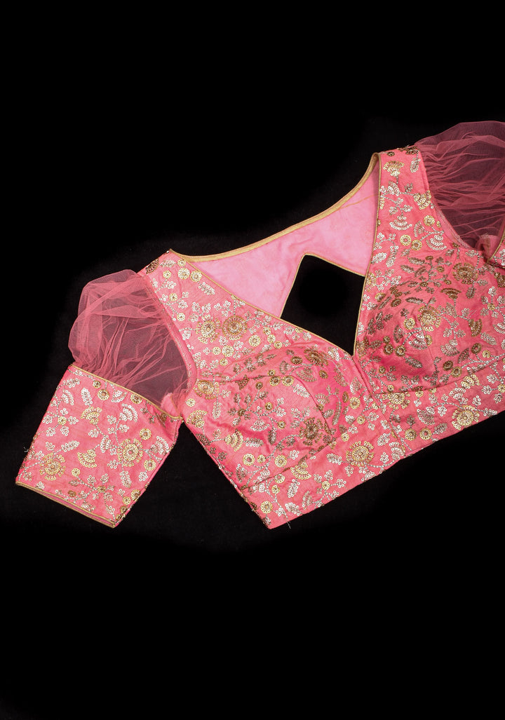 Carnation Pink sequin embroidery blouse with sheer puff sleeve