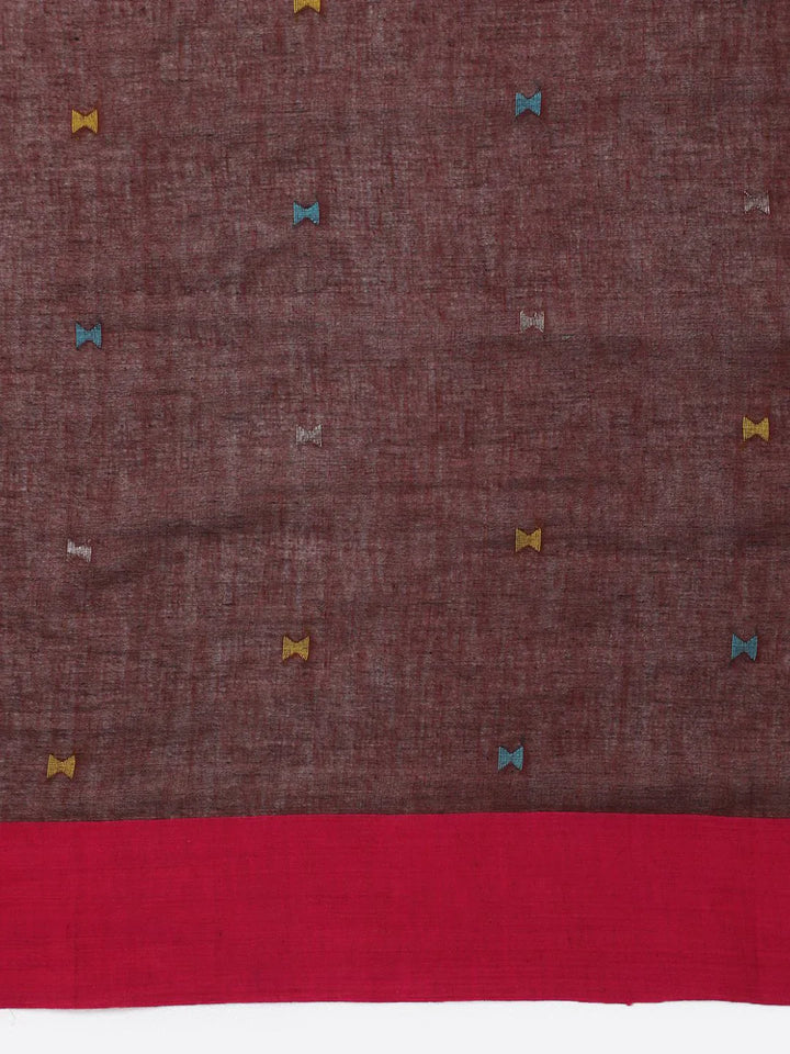 Brown Handloom Jamdani Cotton Saree With Blouse Piece