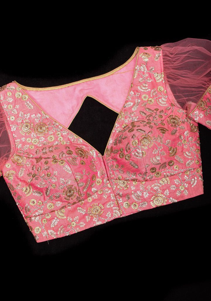 Carnation Pink sequin embroidery blouse with sheer puff sleeve