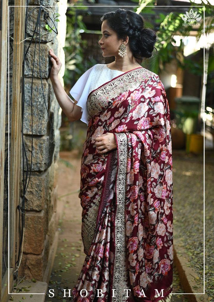 Gajji Silk Saree with Floral Print and Crushed Zari Border in Maroon | Sarees By Shobitam