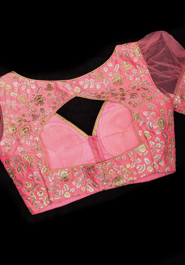 Carnation Pink sequin embroidery blouse with sheer puff sleeve
