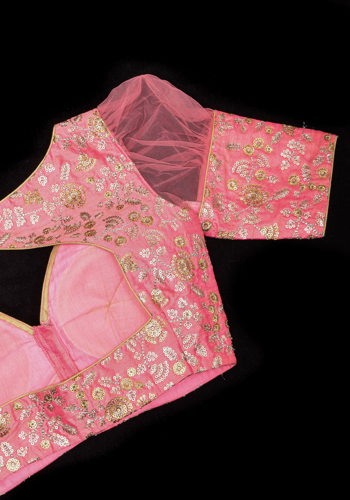 Carnation Pink sequin embroidery blouse with sheer puff sleeve