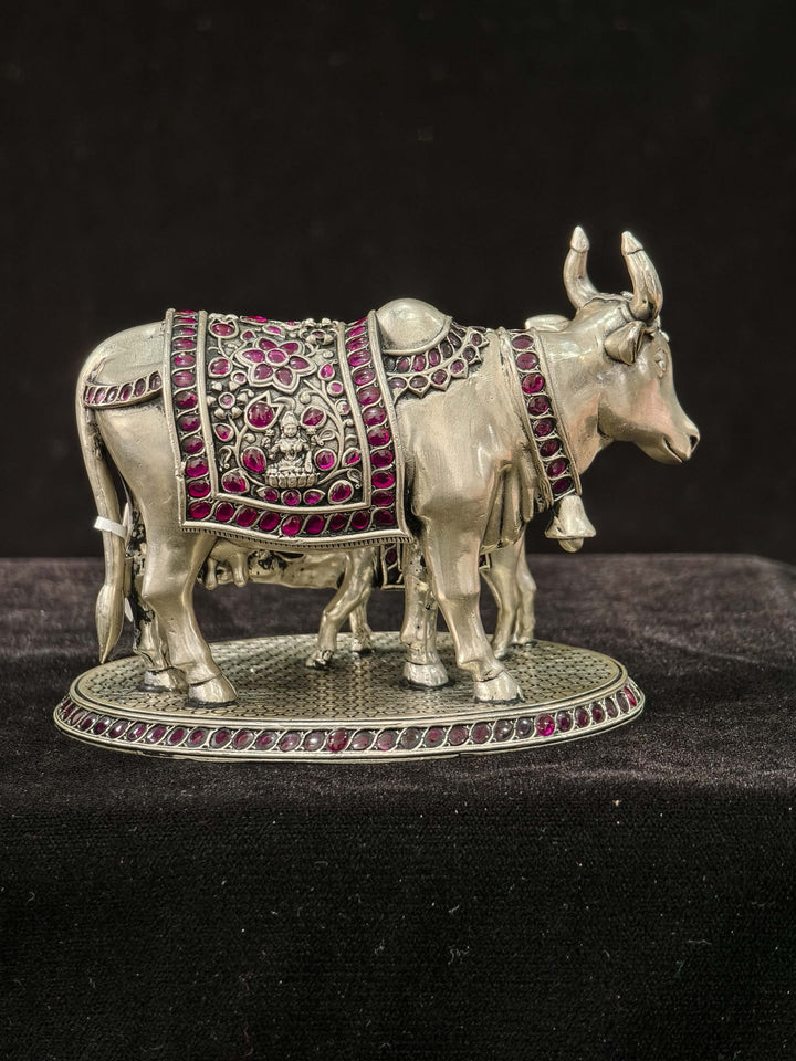 Pure 92.5 Kamadhenu Cow & Calf 3D Solid Idol with Red Stones