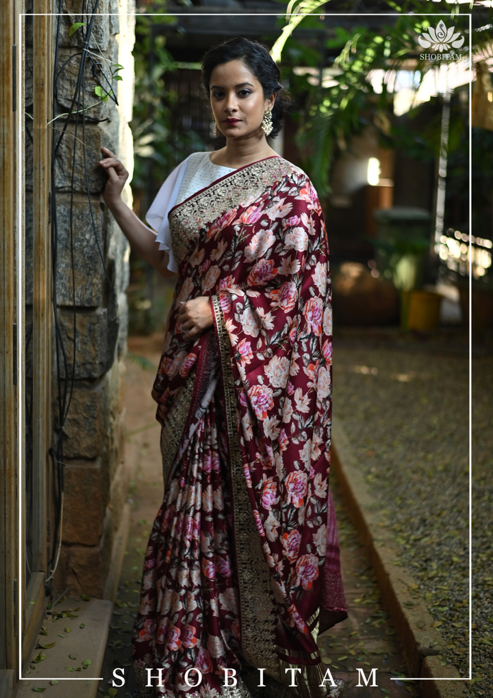 Gajji Silk Saree with Floral Print and Crushed Zari Border in Maroon | Sarees By Shobitam