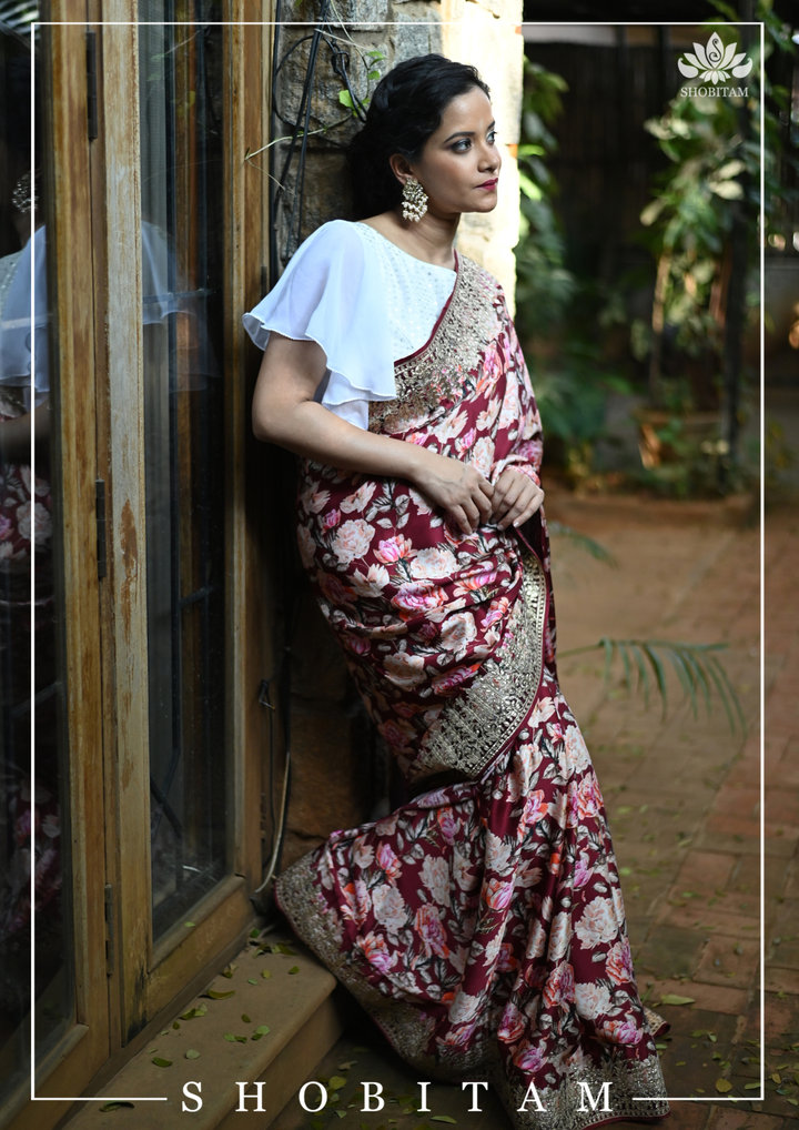 Gajji Silk Saree with Floral Print and Crushed Zari Border in Maroon | Sarees By Shobitam