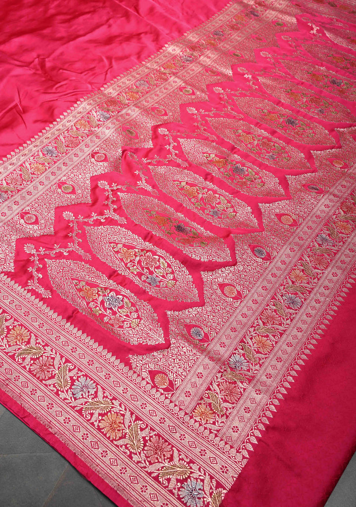 Rani Pink Banarasi Semi Mashru Silk Saree with Zari Border and Hand Brushed Dye