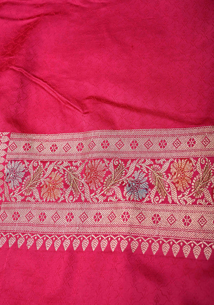 Rani Pink Banarasi Semi Mashru Silk Saree with Zari Border and Hand Brushed Dye