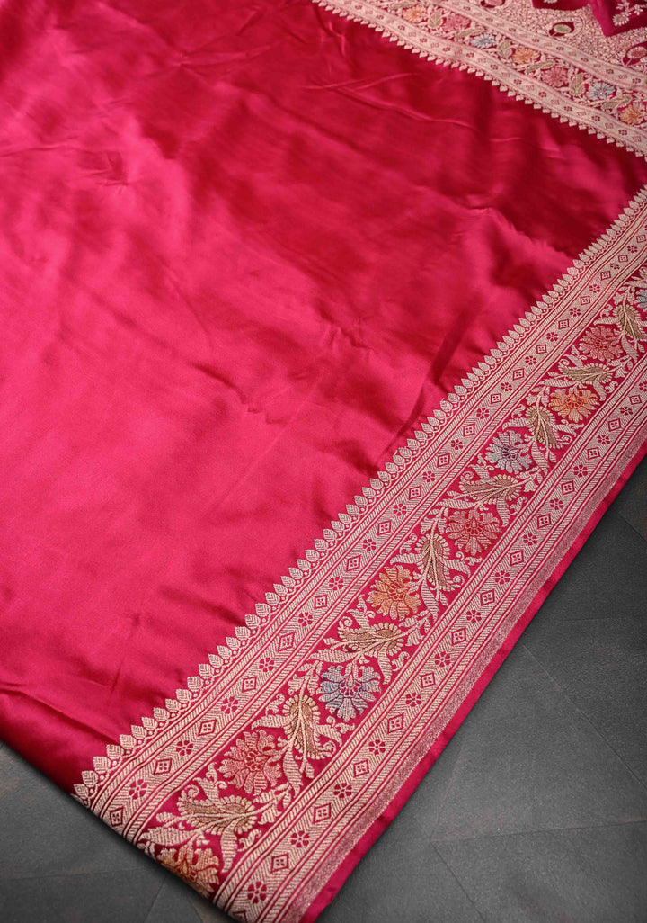 Rani Pink Banarasi Semi Mashru Silk Saree with Zari Border and Hand Brushed Dye