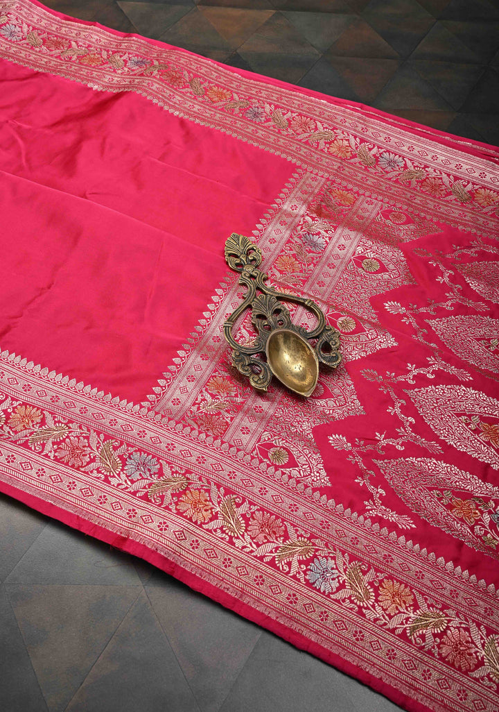 Rani Pink Banarasi Semi Mashru Silk Saree with Zari Border and Hand Brushed Dye