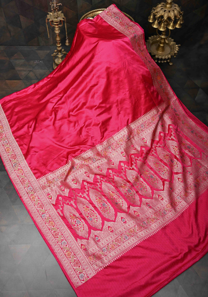 Rani Pink Banarasi Semi Mashru Silk Saree with Zari Border and Hand Brushed Dye