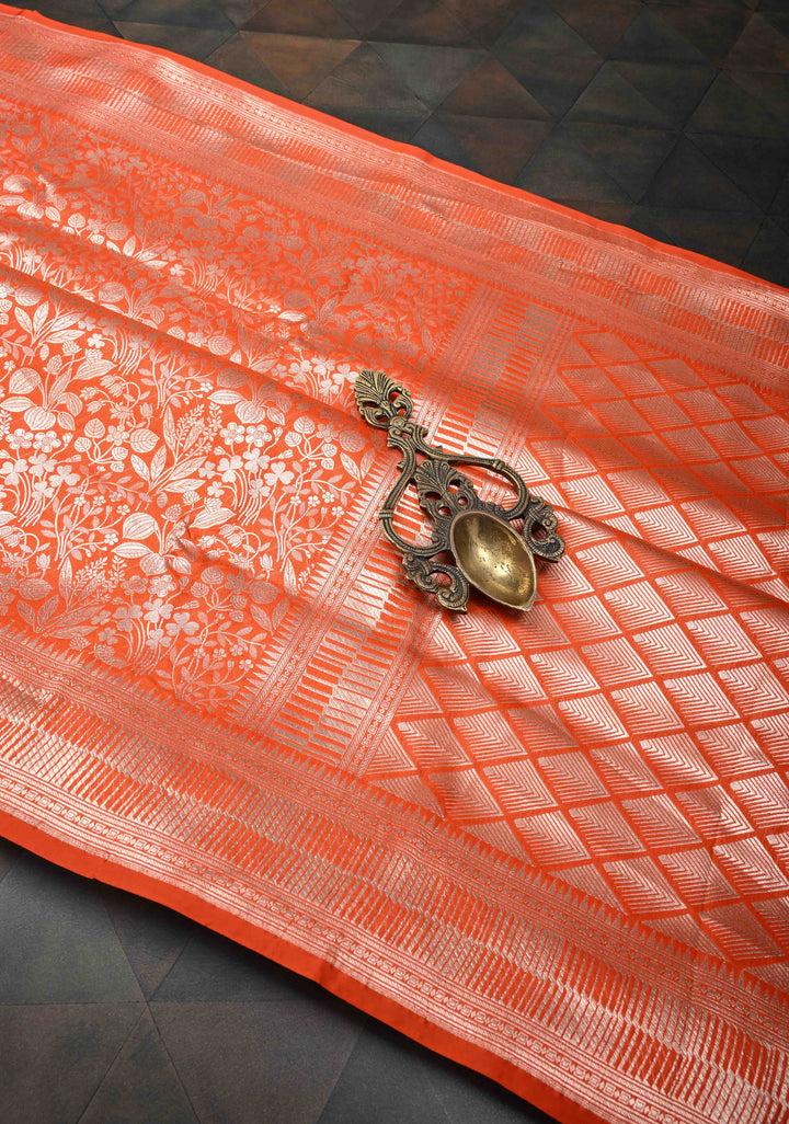 Orange Banarasi Katan Silk Saree with Silver Brocade and Zari Borders | SILK MARK CERTIFIED