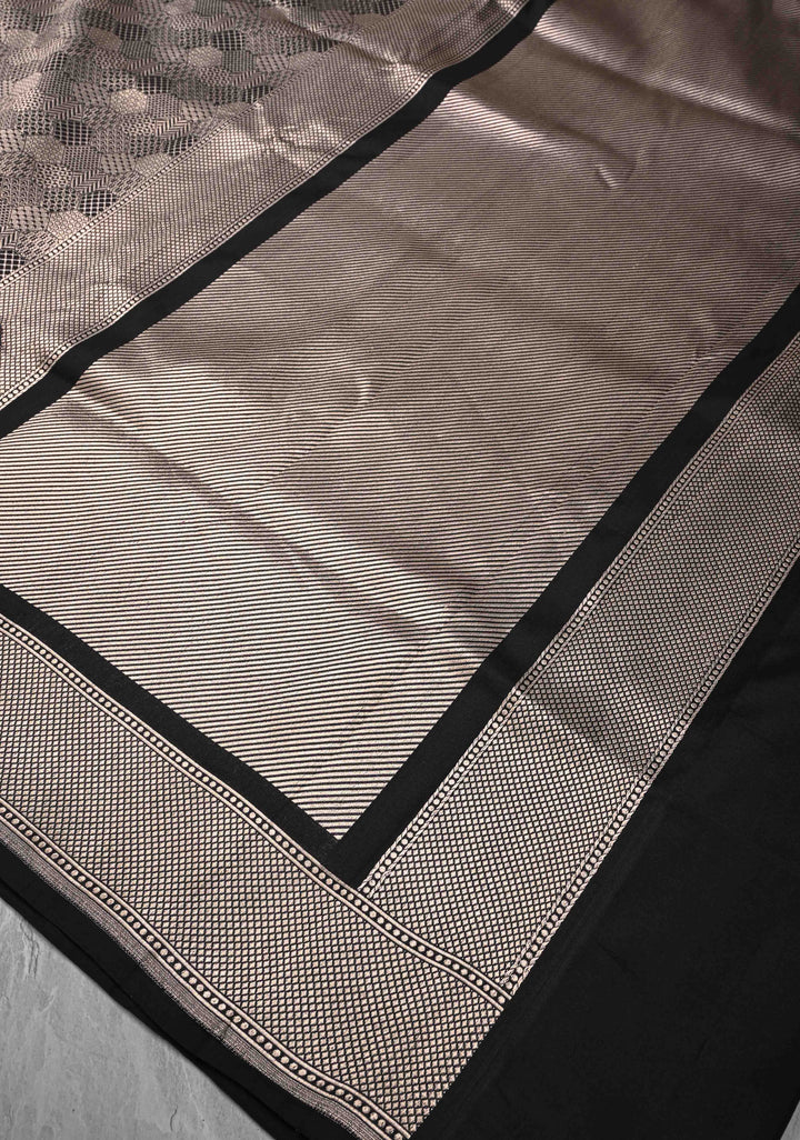 Black Banarasi Katan Silk Saree with Geometric Brocade and Zari Borders | SILK MARK CERTIFIED