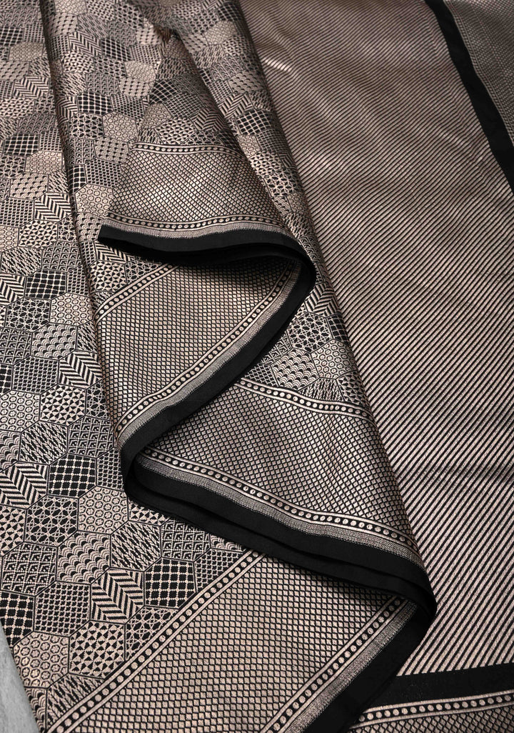 Black Banarasi Katan Silk Saree with Geometric Brocade and Zari Borders | SILK MARK CERTIFIED