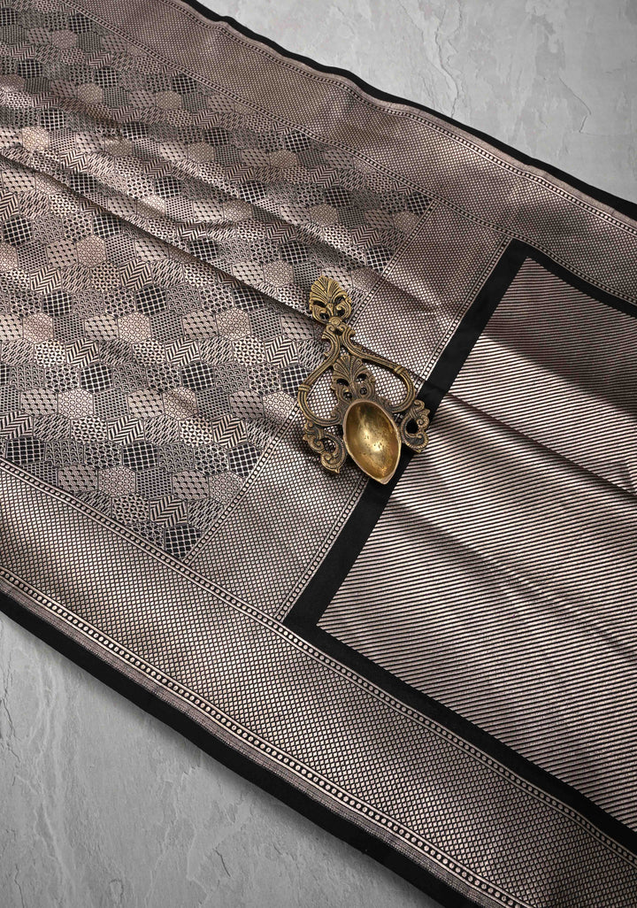 Black Banarasi Katan Silk Saree with Geometric Brocade and Zari Borders | SILK MARK CERTIFIED