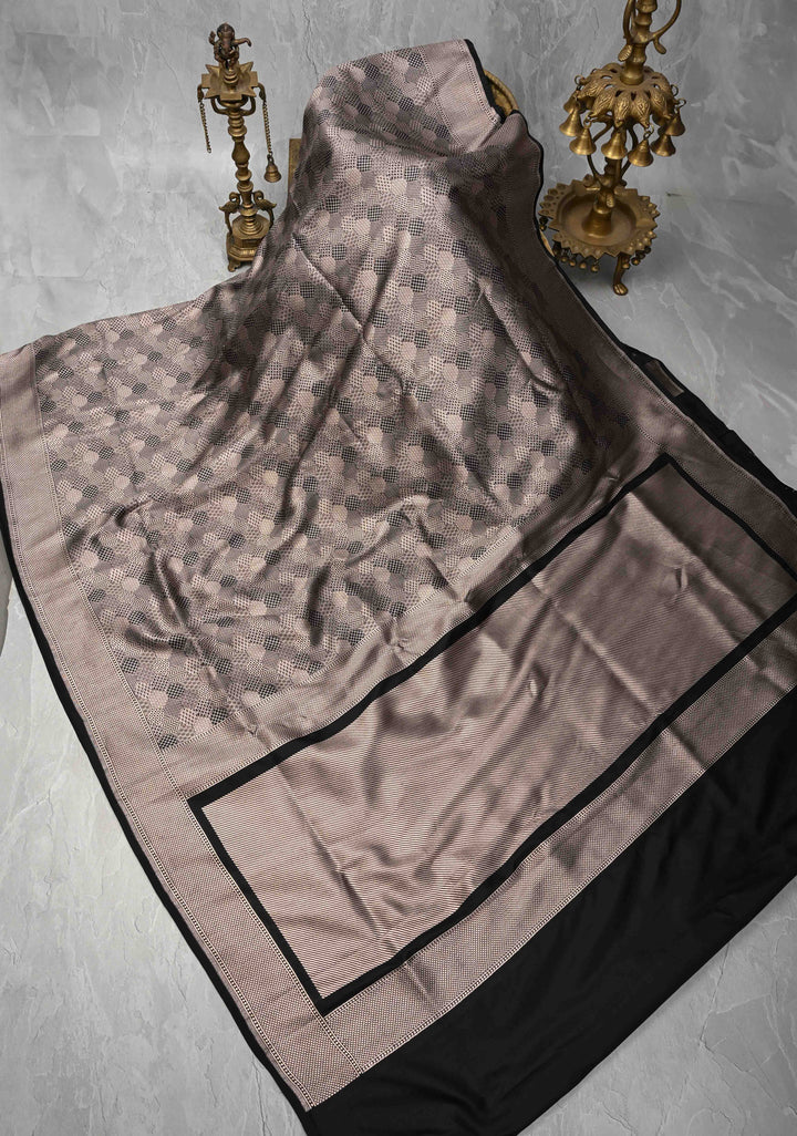 Black Banarasi Katan Silk Saree with Geometric Brocade and Zari Borders | SILK MARK CERTIFIED