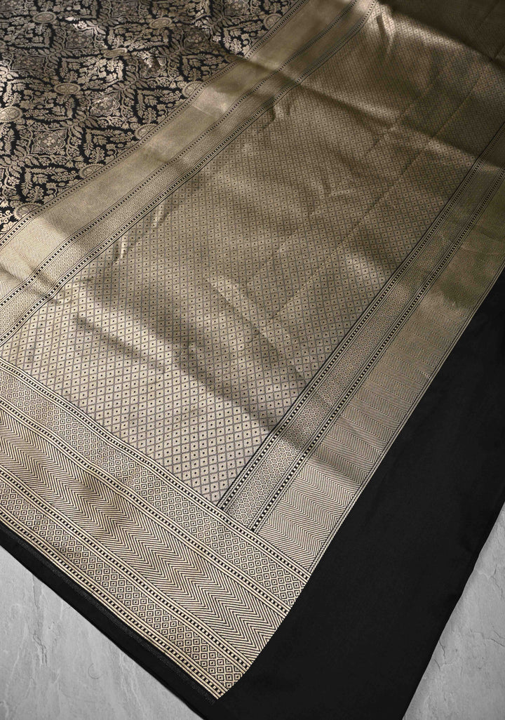 Black Banarasi Katan Silk Saree with Floral Jaal Brocade and Zari Borders | SILK MARK CERTIFIED
