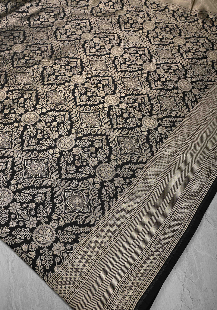 Black Banarasi Katan Silk Saree with Floral Jaal Brocade and Zari Borders | SILK MARK CERTIFIED