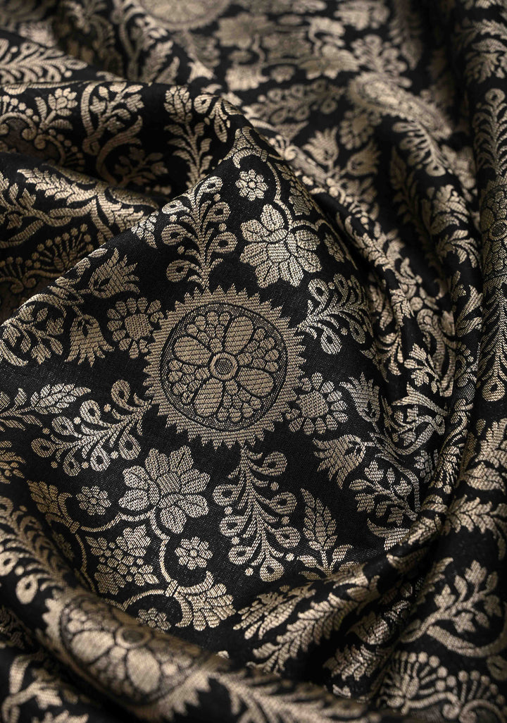 Black Banarasi Katan Silk Saree with Floral Jaal Brocade and Zari Borders | SILK MARK CERTIFIED