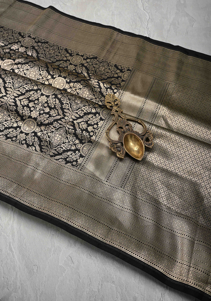 Black Banarasi Katan Silk Saree with Floral Jaal Brocade and Zari Borders | SILK MARK CERTIFIED