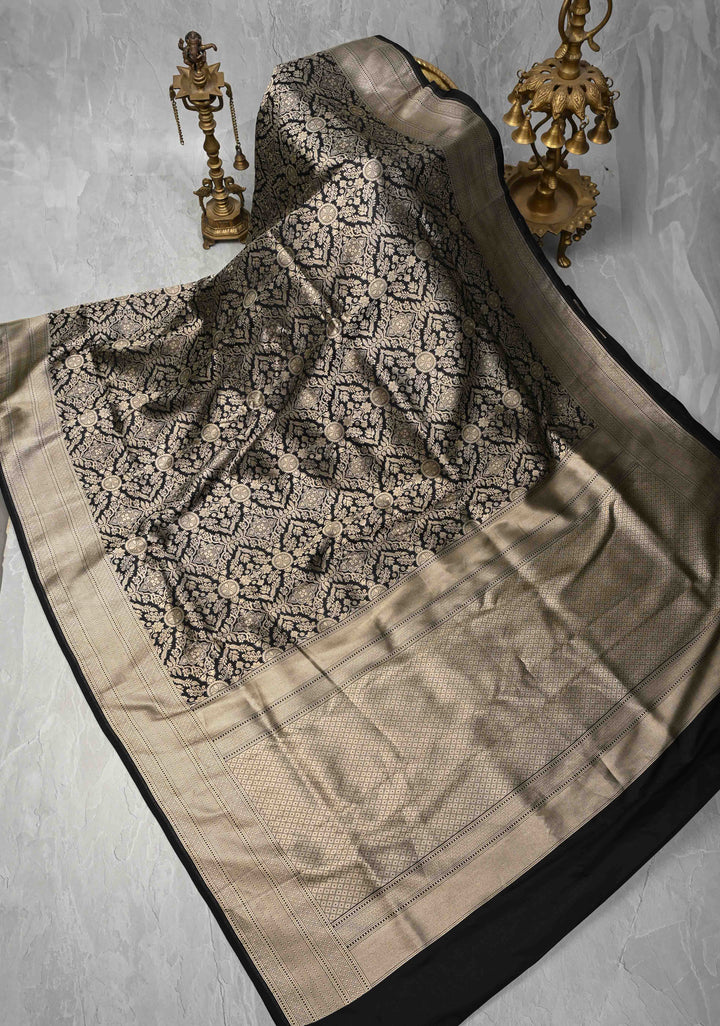 Black Banarasi Katan Silk Saree with Floral Jaal Brocade and Zari Borders | SILK MARK CERTIFIED