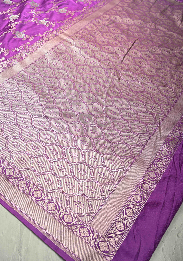 Purple Banarasi Semi Mashru Silk Saree with alfi Floral Jaal and Zari Border