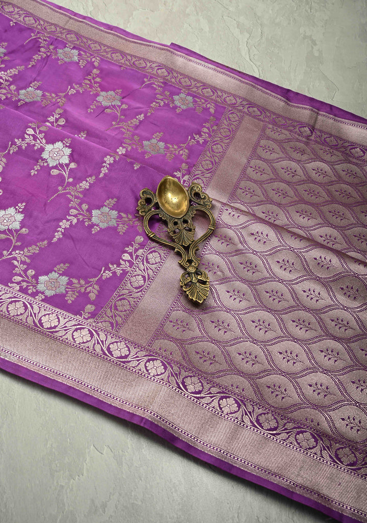 Purple Banarasi Semi Mashru Silk Saree with alfi Floral Jaal and Zari Border