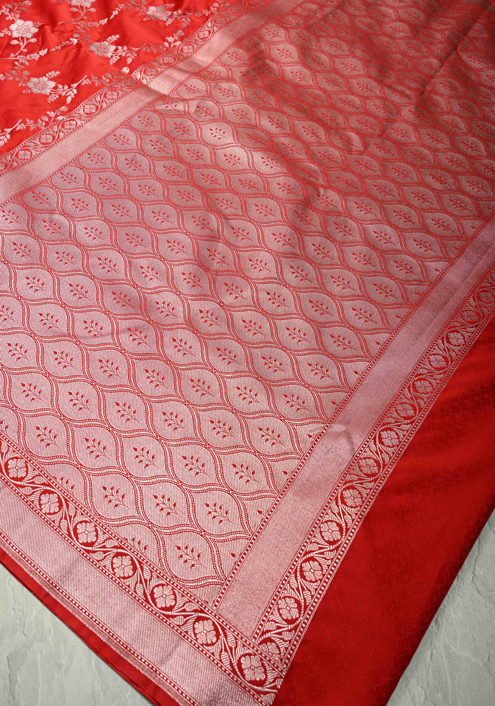 Red Banarasi Semi Mashru Silk Saree with alfi Floral Jaal and Zari Border