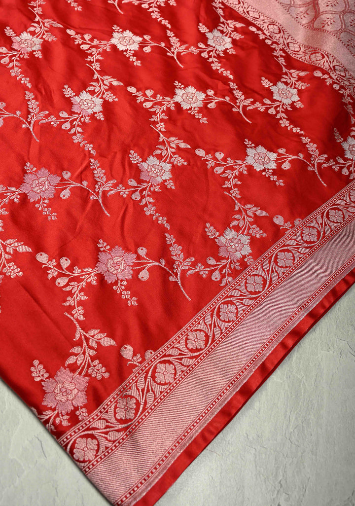 Red Banarasi Semi Mashru Silk Saree with alfi Floral Jaal and Zari Border