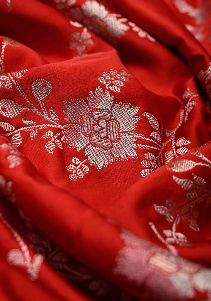 Red Banarasi Semi Mashru Silk Saree with alfi Floral Jaal and Zari Border