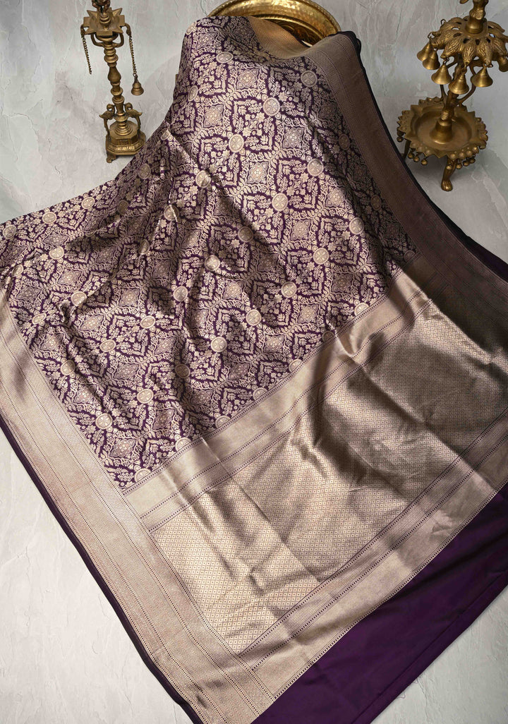 Egg Plant Purple Banarasi Katan Silk Saree with Floral Brocade and Zari Border | SILK MARK CERTIFIED