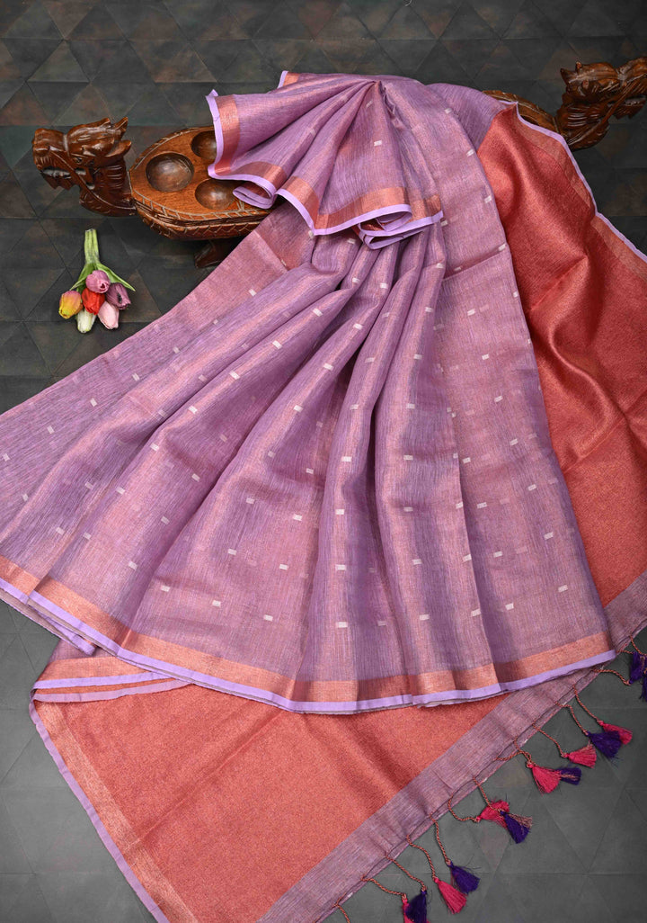 Pink Tissue Linen Saree with Thread Buttas Contrast Zari Border