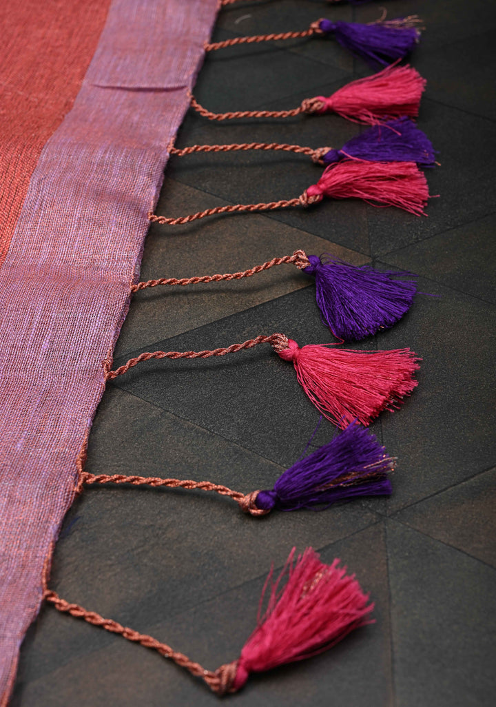 Pink Tissue Linen Saree with Thread Buttas Contrast Zari Border