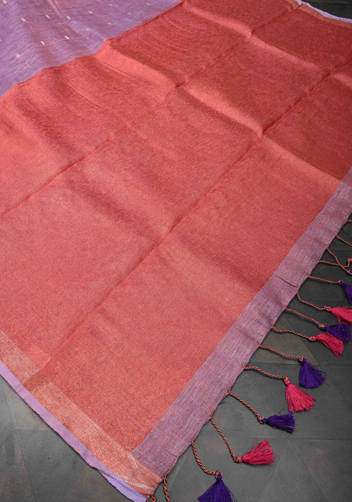 Pink Tissue Linen Saree with Thread Buttas Contrast Zari Border