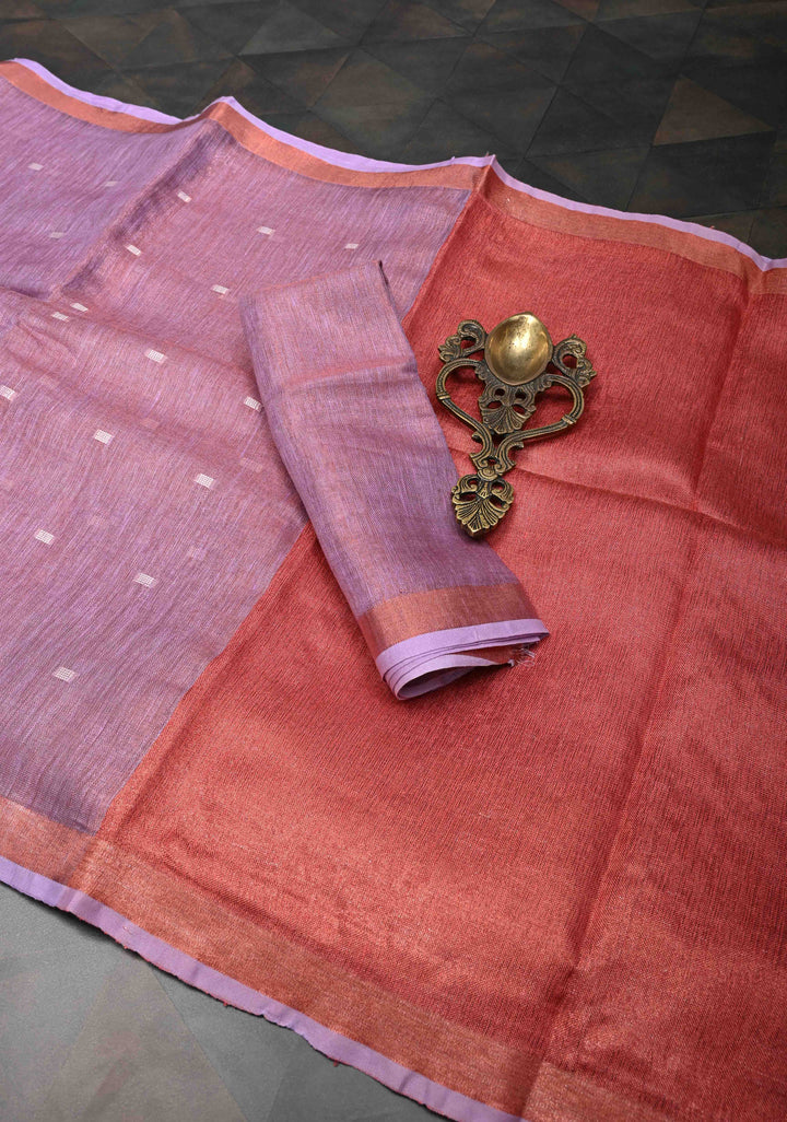 Pink Tissue Linen Saree with Thread Buttas Contrast Zari Border