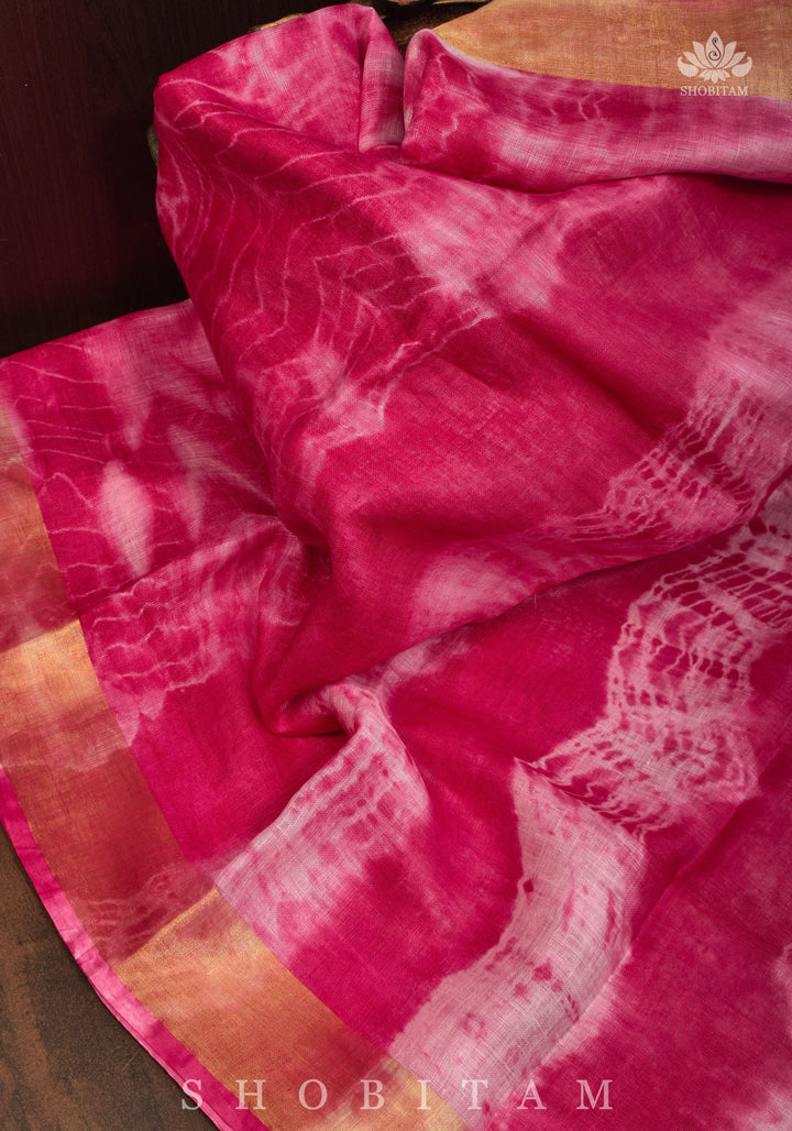 Handmade Shibori Dye Pure Linen by Linen Saree in Amaranth Pink and White with long tassels