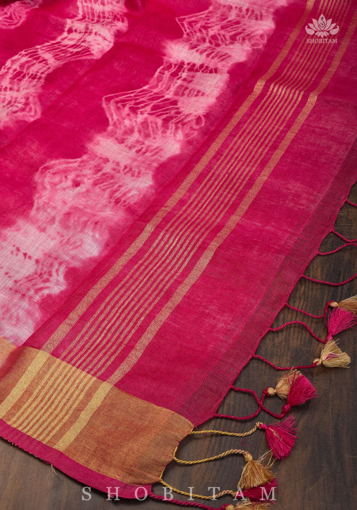 Handmade Shibori Dye Pure Linen by Linen Saree in Amaranth Pink and White with long tassels
