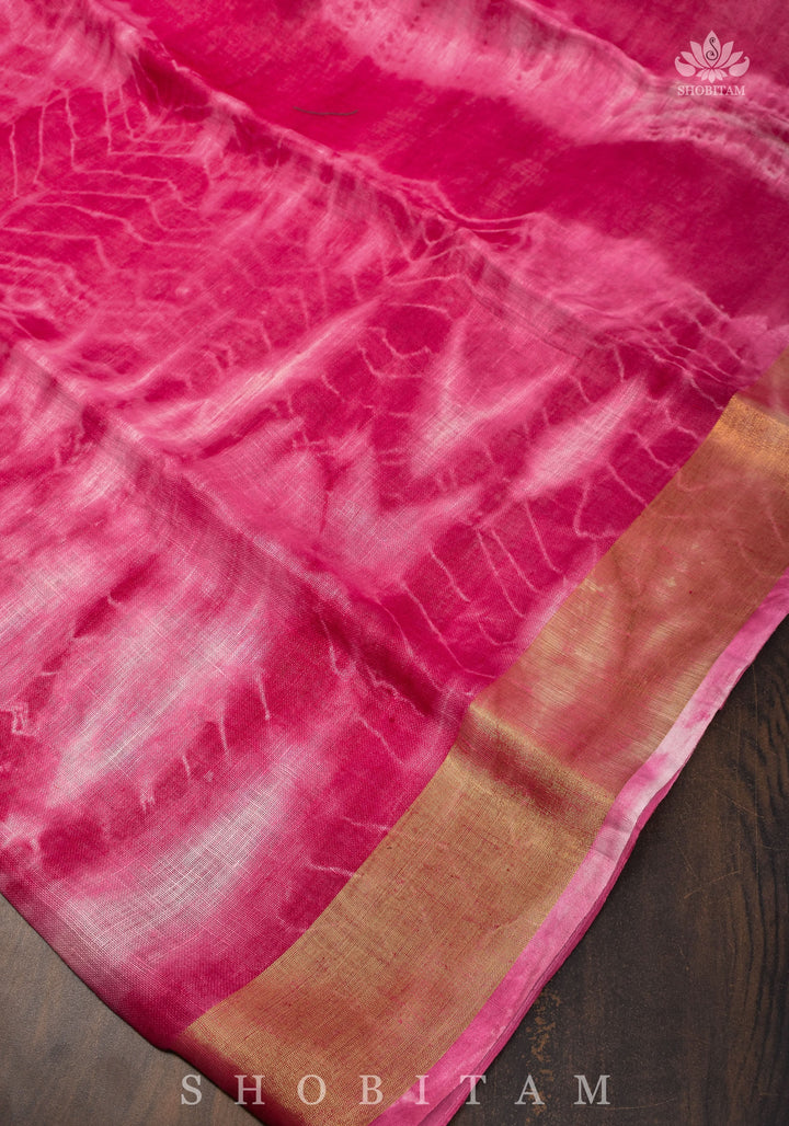 Handmade Shibori Dye Pure Linen by Linen Saree in Amaranth Pink and White with long tassels