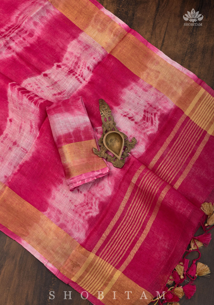 Handmade Shibori Dye Pure Linen by Linen Saree in Amaranth Pink and White with long tassels